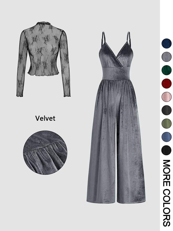 SHAE™ - Women's Solid Color Lace Tee & Pocket Jumpsuit Set