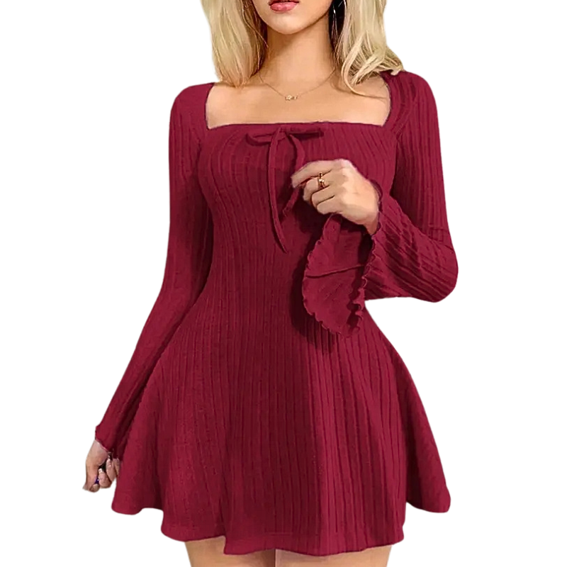 LIZA™ – Ribbed Square Neck Long Sleeve Mini Dress