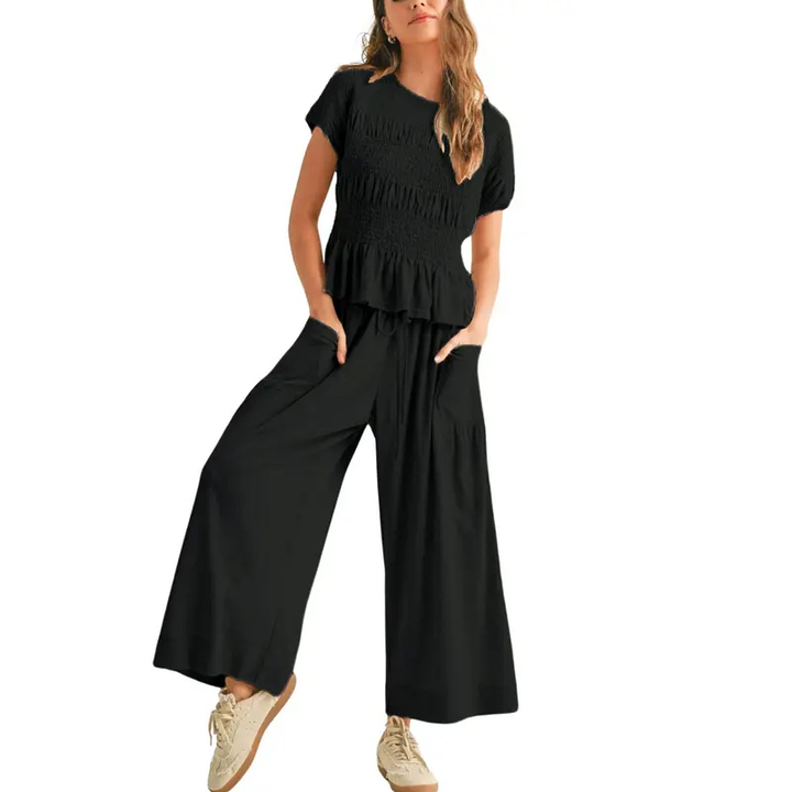 LORRY™ – Casual Boho Inspired 2-Piece Smocked Top and Wide Leg Pants Set