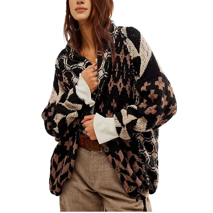 GEORGINA™ – Oversized Print Knit Coat with Button Down Collar