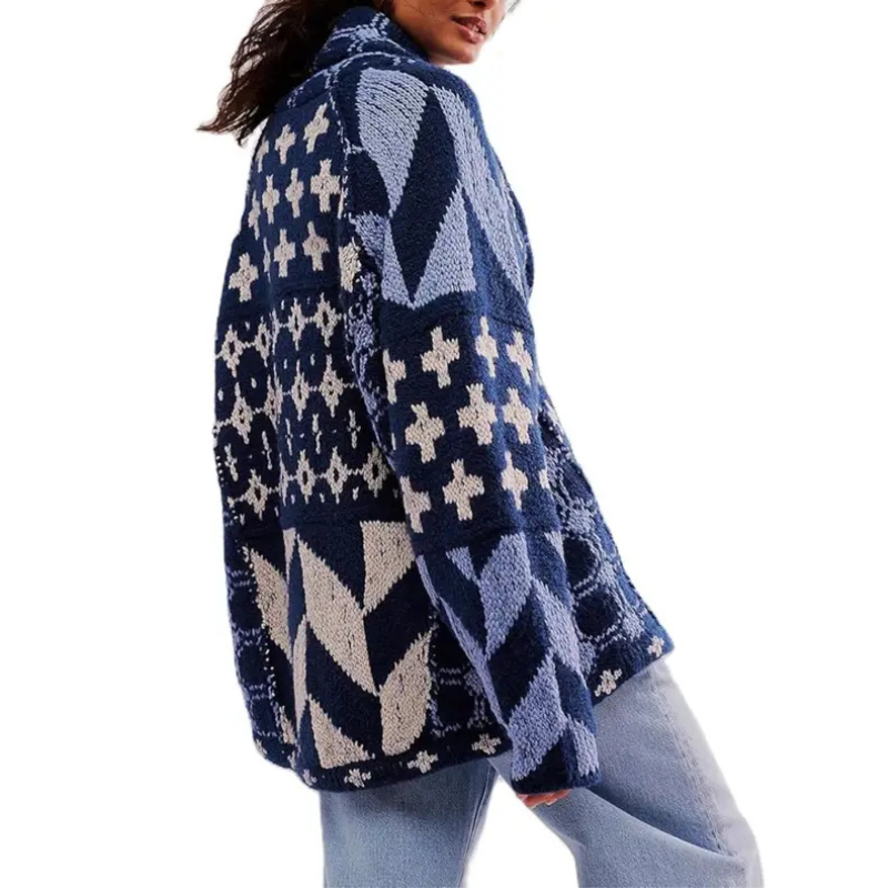 GEORGINA™ – Oversized Print Knit Coat with Button Down Collar