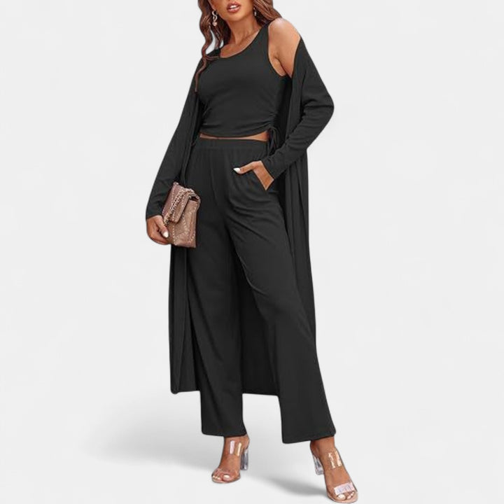 SANORA | Casual Lightweight Three Piece Long Cardigan Drawstring Top and Pants Sleepwear