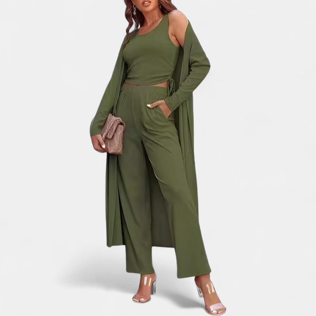 SANORA | Casual Lightweight Three Piece Long Cardigan Drawstring Top and Pants Sleepwear