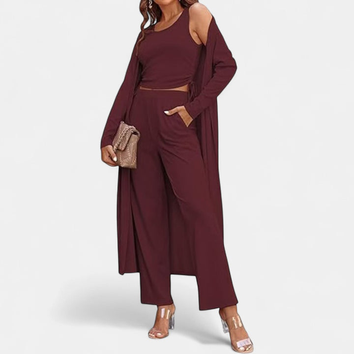 SANORA | Casual Lightweight Three Piece Long Cardigan Drawstring Top and Pants Sleepwear