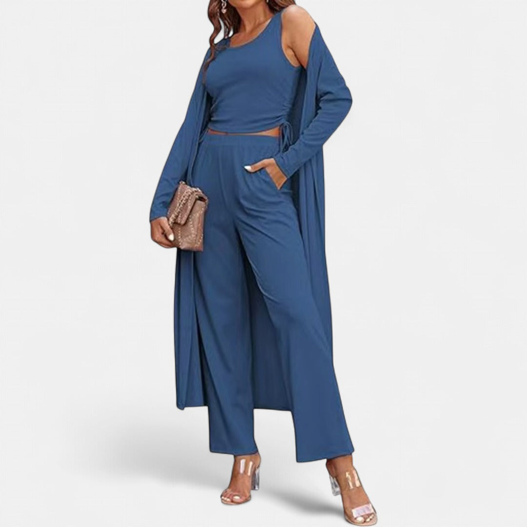 SANORA | Casual Lightweight Three Piece Long Cardigan Drawstring Top and Pants Sleepwear