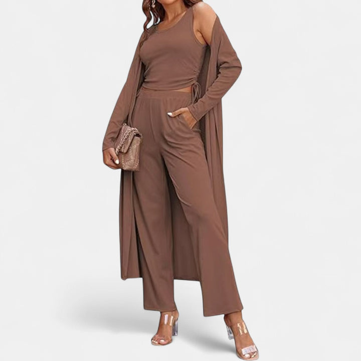 SANORA | Casual Lightweight Three Piece Long Cardigan Drawstring Top and Pants Sleepwear
