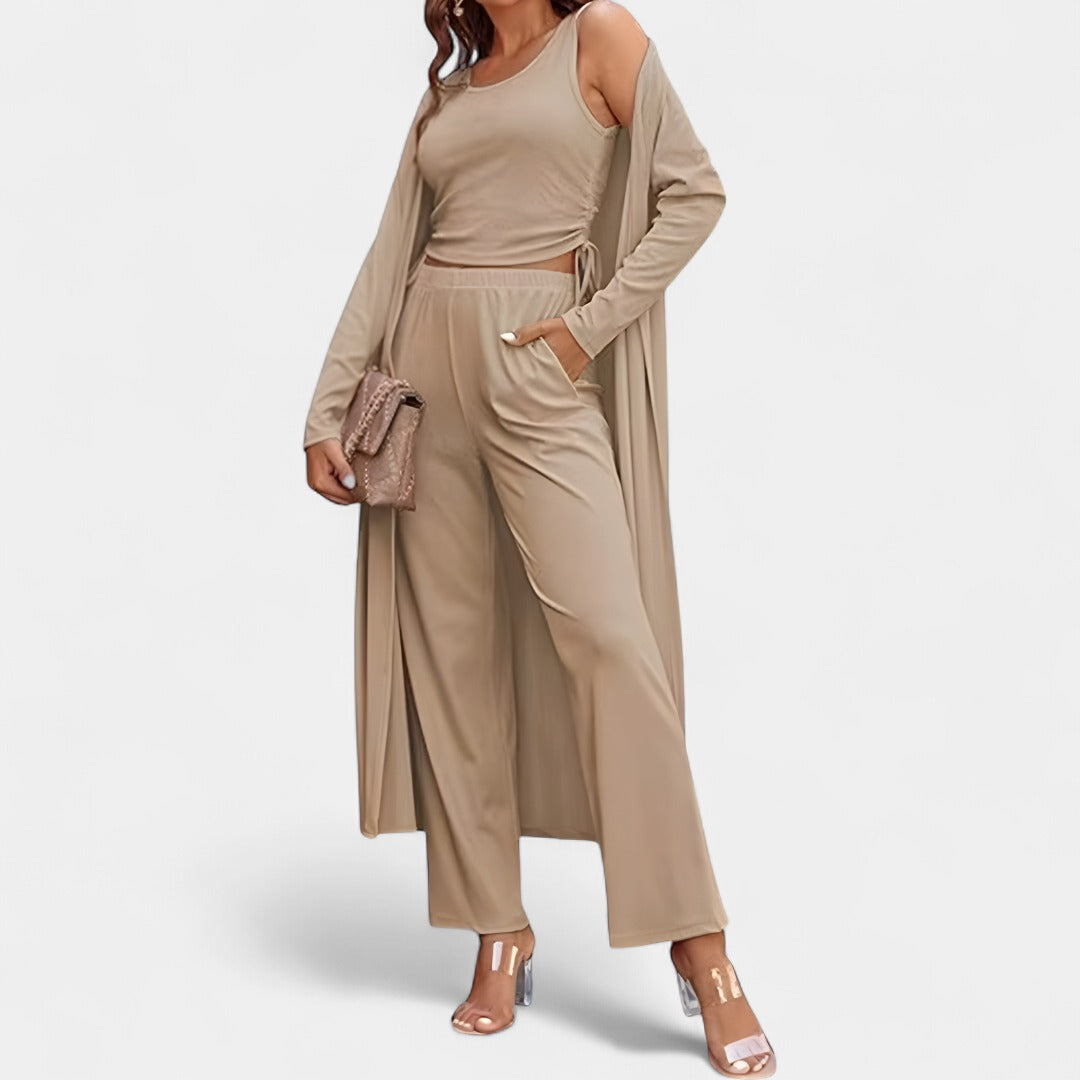 SANORA | Casual Lightweight Three Piece Long Cardigan Drawstring Top and Pants Sleepwear