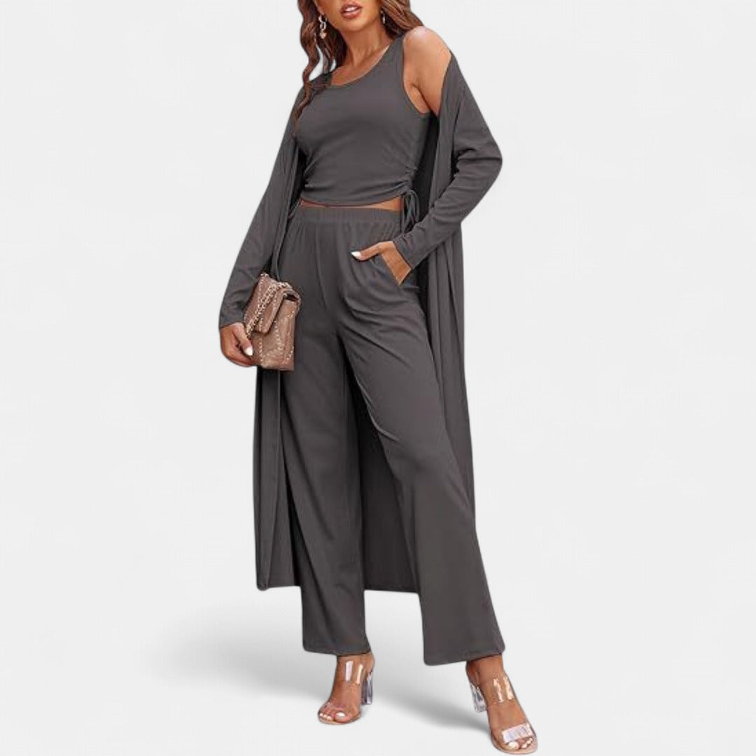 SANORA | Casual Lightweight Three Piece Long Cardigan Drawstring Top and Pants Sleepwear