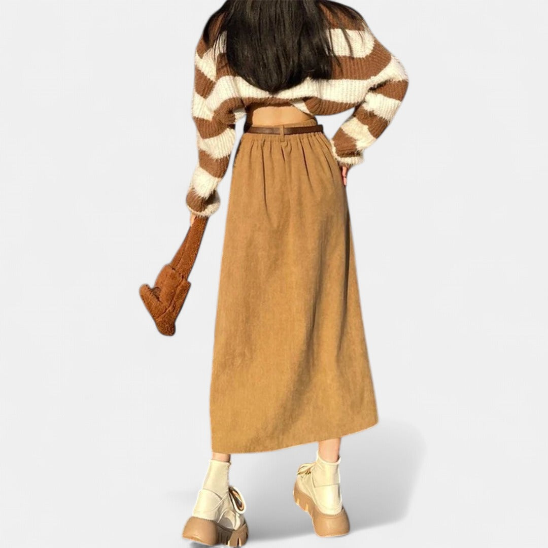 ESTELLE | Classic Belt Corduroy Midi Skirt