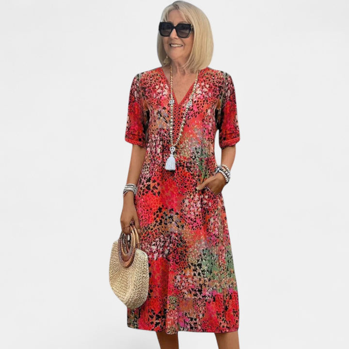 ASHLEY | Printed V-Neck Midi Dress
