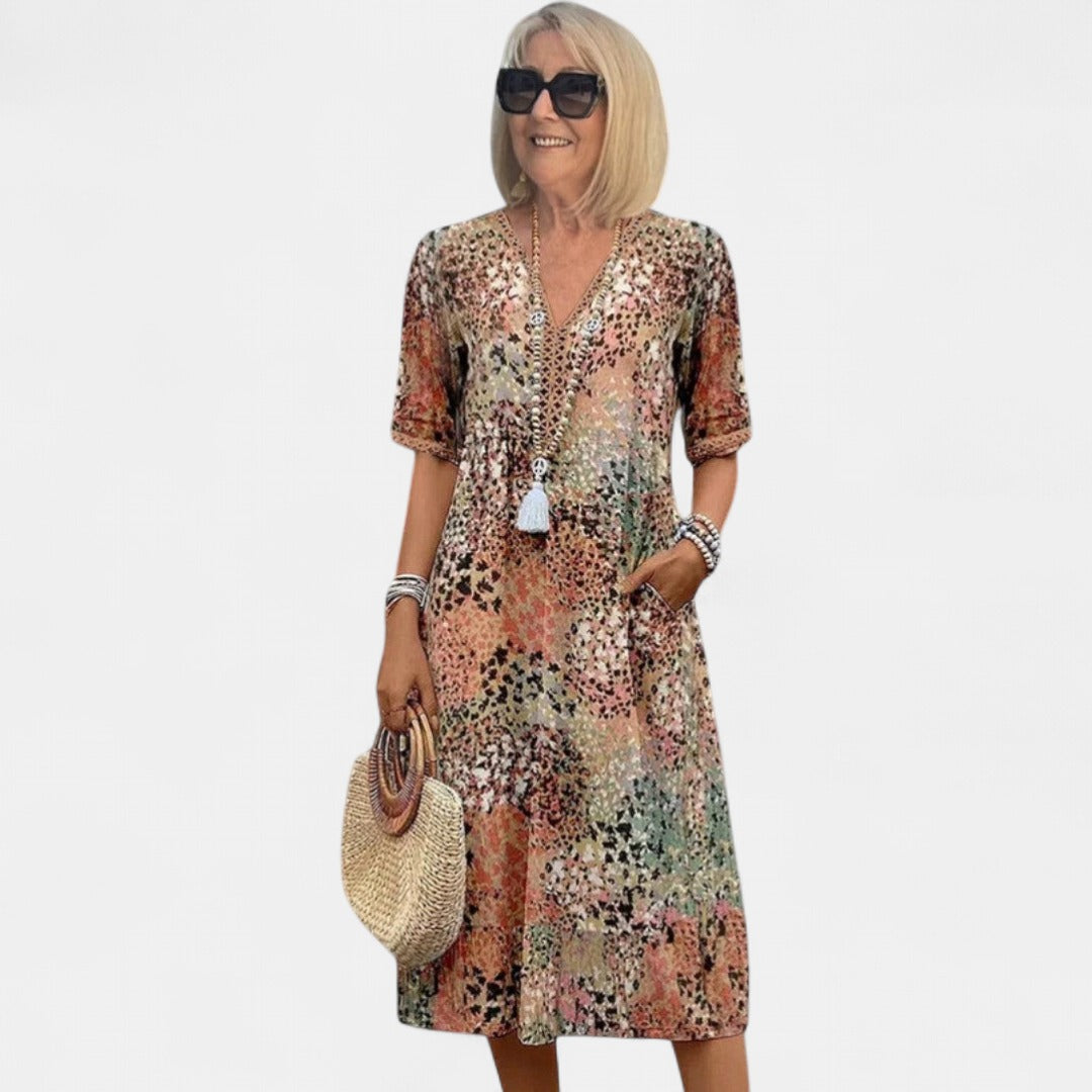 ASHLEY | Printed V-Neck Midi Dress