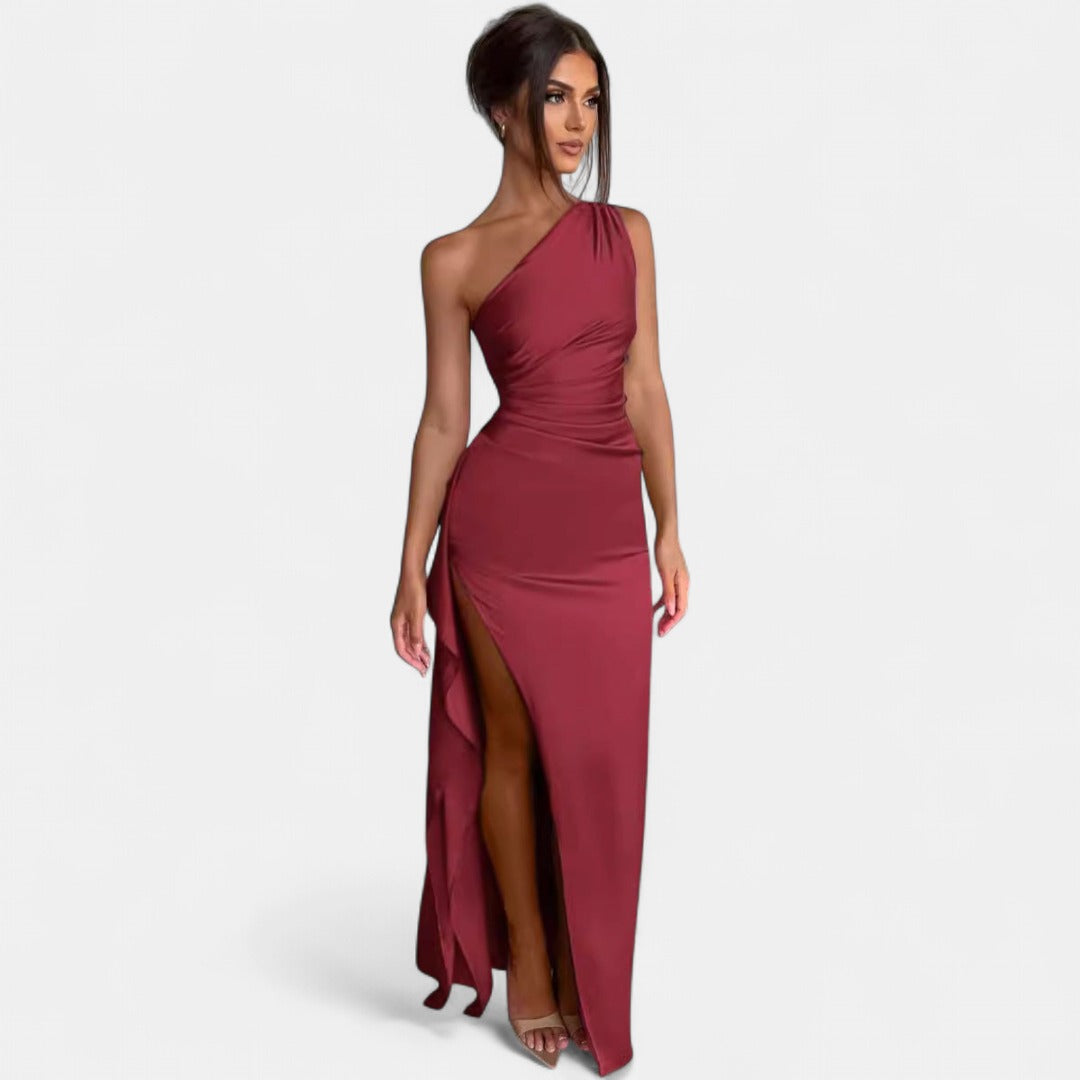 JOYCE | Women's One Shoulder Satin High Split Cocktail Maxi Dress