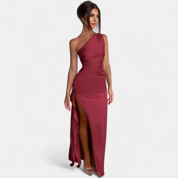 JOYCE | Women's One Shoulder Satin High Split Cocktail Maxi Dress