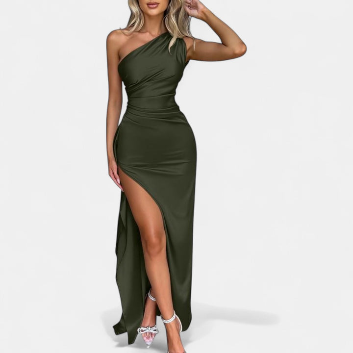 JOYCE | Women's One Shoulder Satin High Split Cocktail Maxi Dress