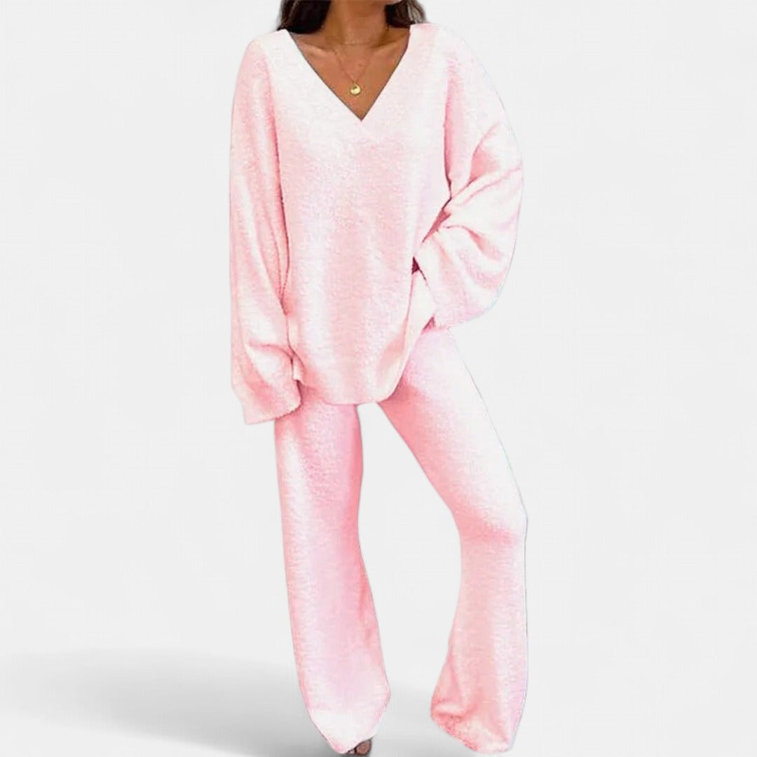 JACE | Women's 2-Piece Lounge Set with V-Neck Top & Wide Leg Pants