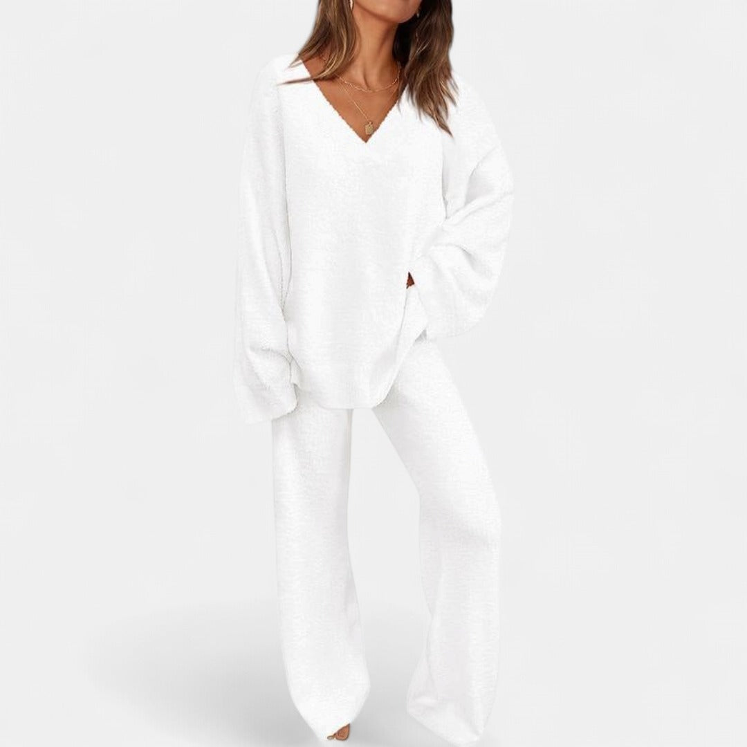 JACE | Women's 2-Piece Lounge Set with V-Neck Top & Wide Leg Pants