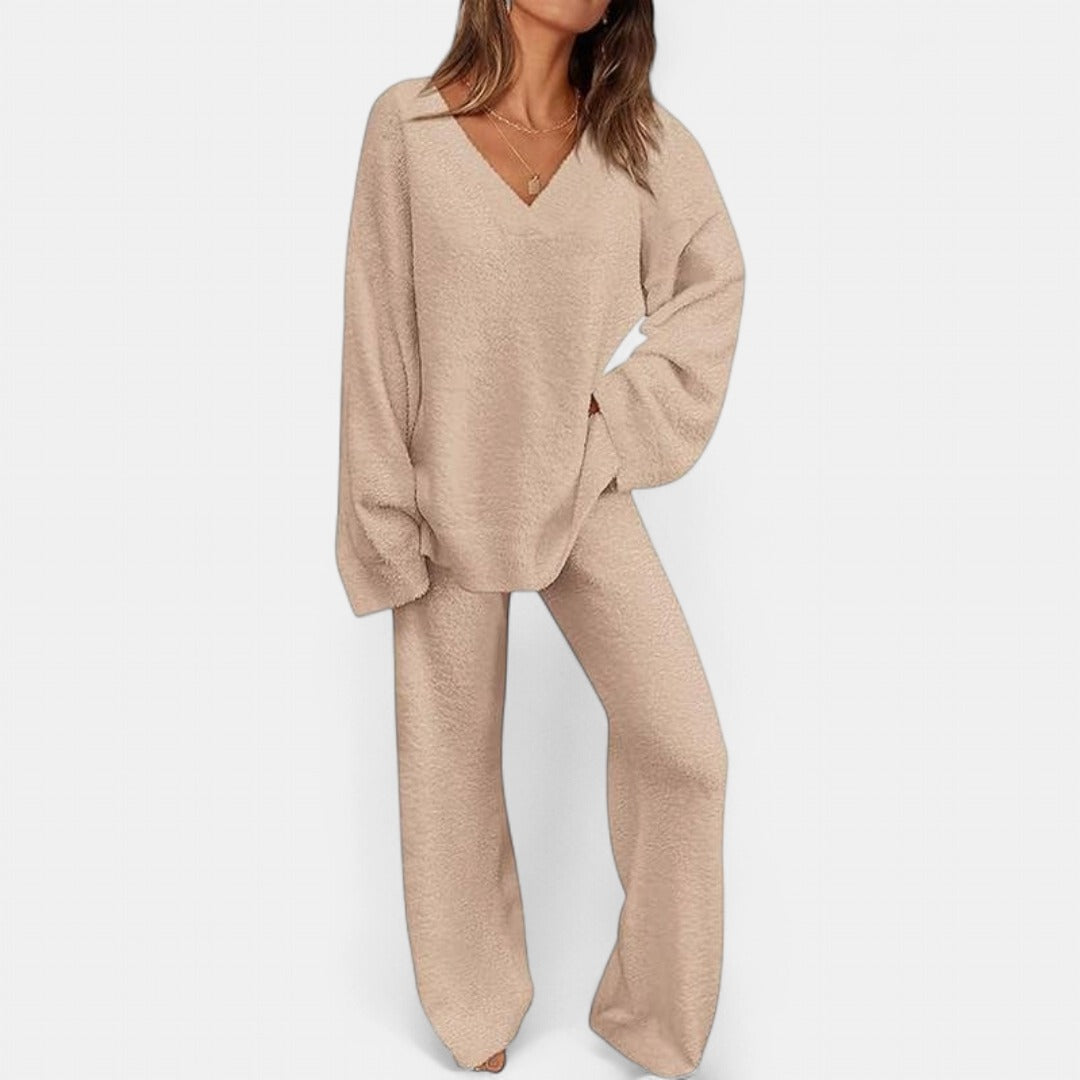 JACE | Women's 2-Piece Lounge Set with V-Neck Top & Wide Leg Pants