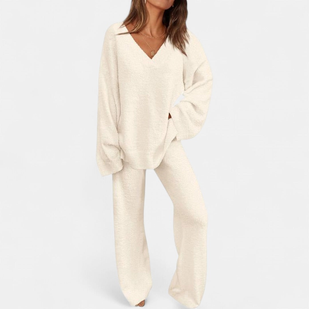 JACE | Women's 2-Piece Lounge Set with V-Neck Top & Wide Leg Pants