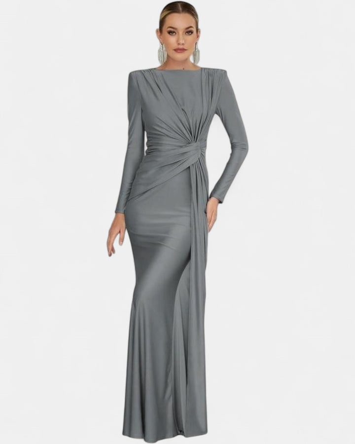 JOSALIE | Elegant Ruched Bodycon Dress with Padded Shoulders & Long Sleeve