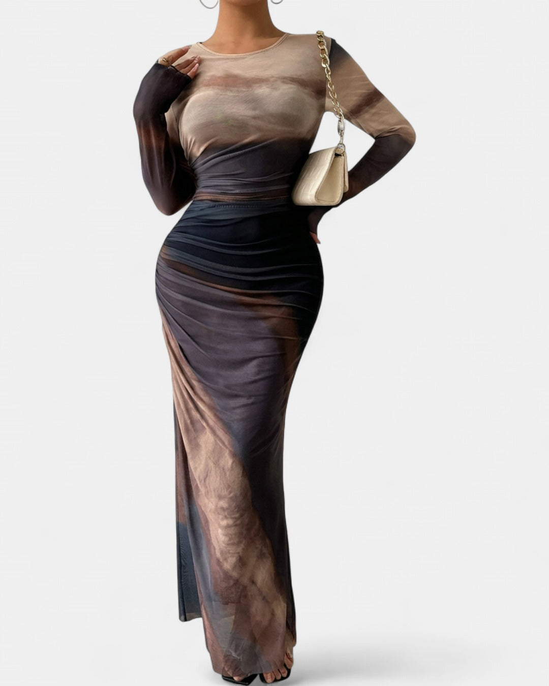 TORINA | Comfy Printed Long Sleeve Round Neck Bodycon Maxi Dress