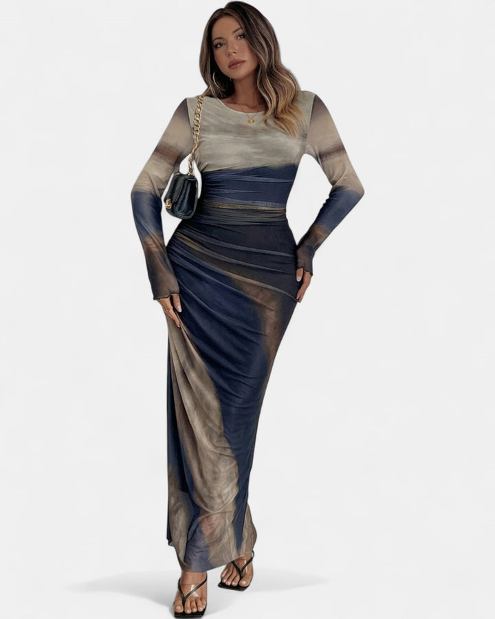 TORINA | Comfy Printed Long Sleeve Round Neck Bodycon Maxi Dress