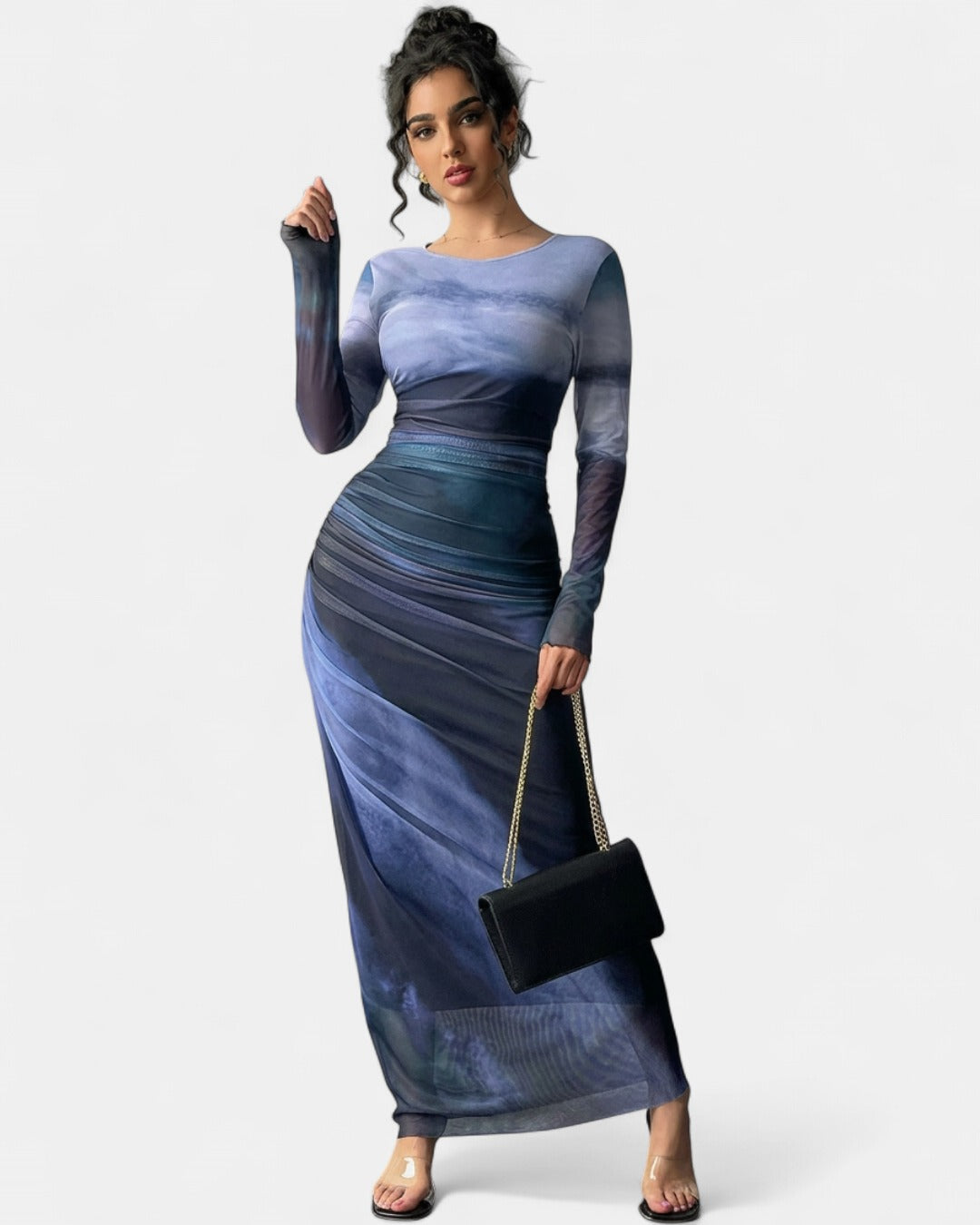 TORINA | Comfy Printed Long Sleeve Round Neck Bodycon Maxi Dress