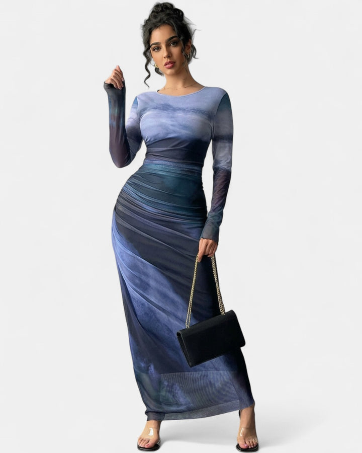 TORINA | Comfy Printed Long Sleeve Round Neck Bodycon Maxi Dress