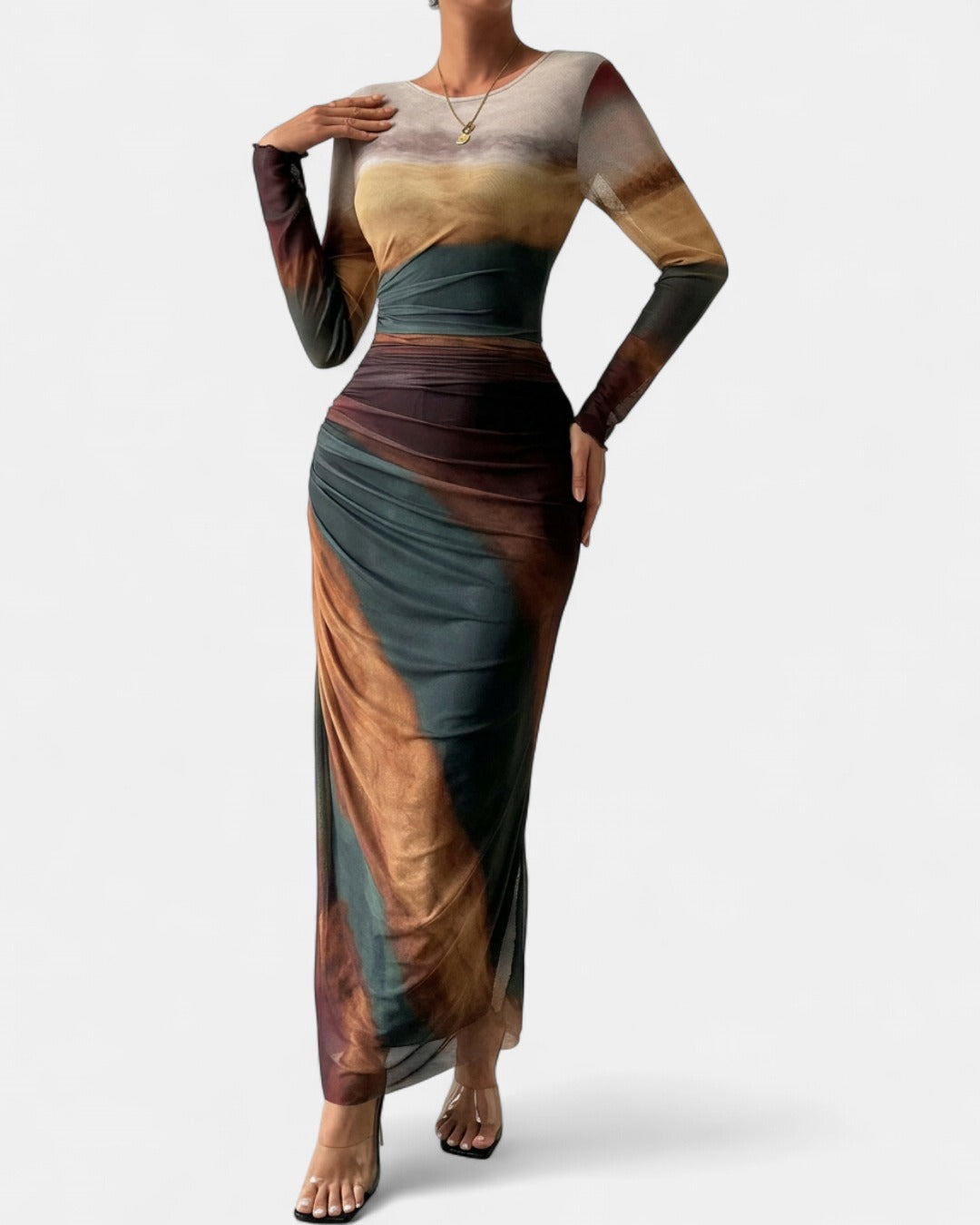 TORINA | Comfy Printed Long Sleeve Round Neck Bodycon Maxi Dress