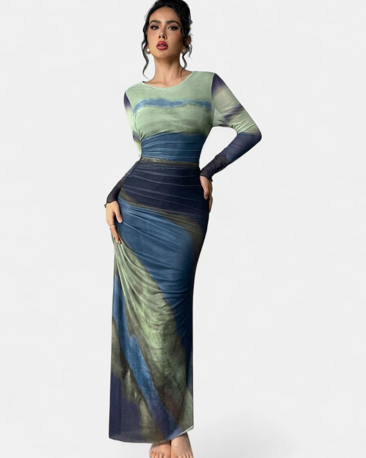 TORINA | Comfy Printed Long Sleeve Round Neck Bodycon Maxi Dress