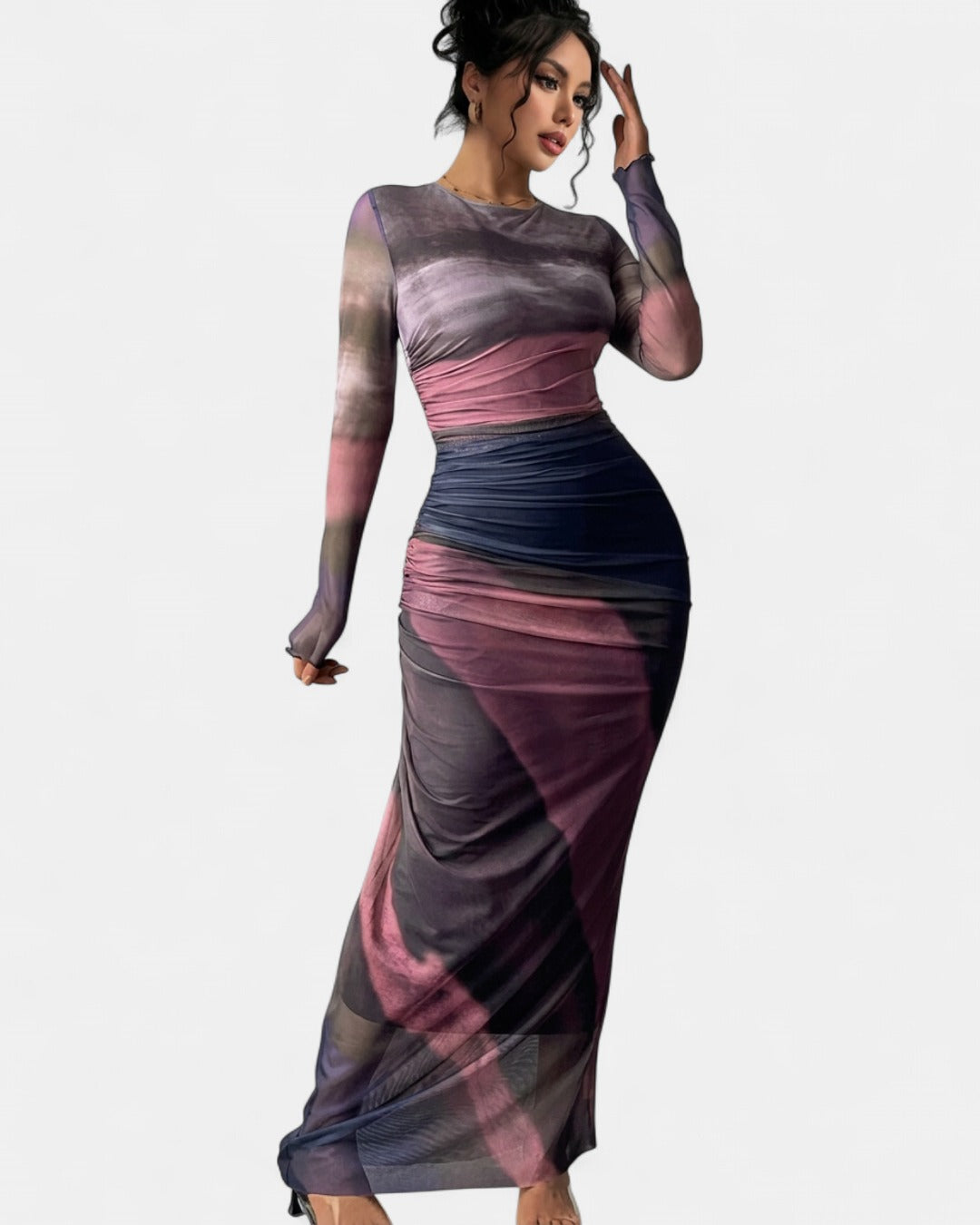 TORINA | Comfy Printed Long Sleeve Round Neck Bodycon Maxi Dress