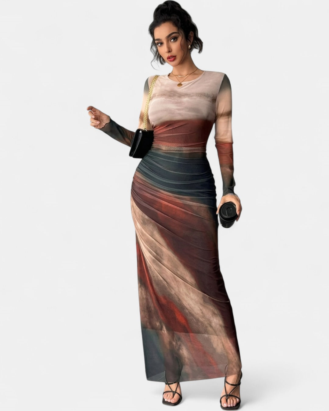 TORINA | Comfy Printed Long Sleeve Round Neck Bodycon Maxi Dress