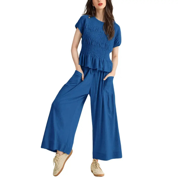 LORRY™ – Casual Boho Inspired 2-Piece Smocked Top and Wide Leg Pants Set