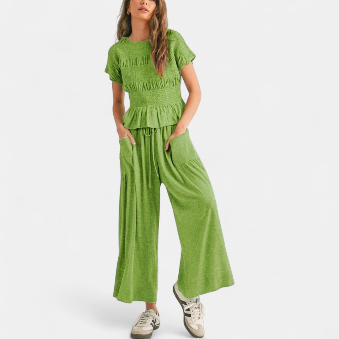 LORRY | Casual Boho Inspired 2-Piece Smocked Top and Wide Leg Pants Set