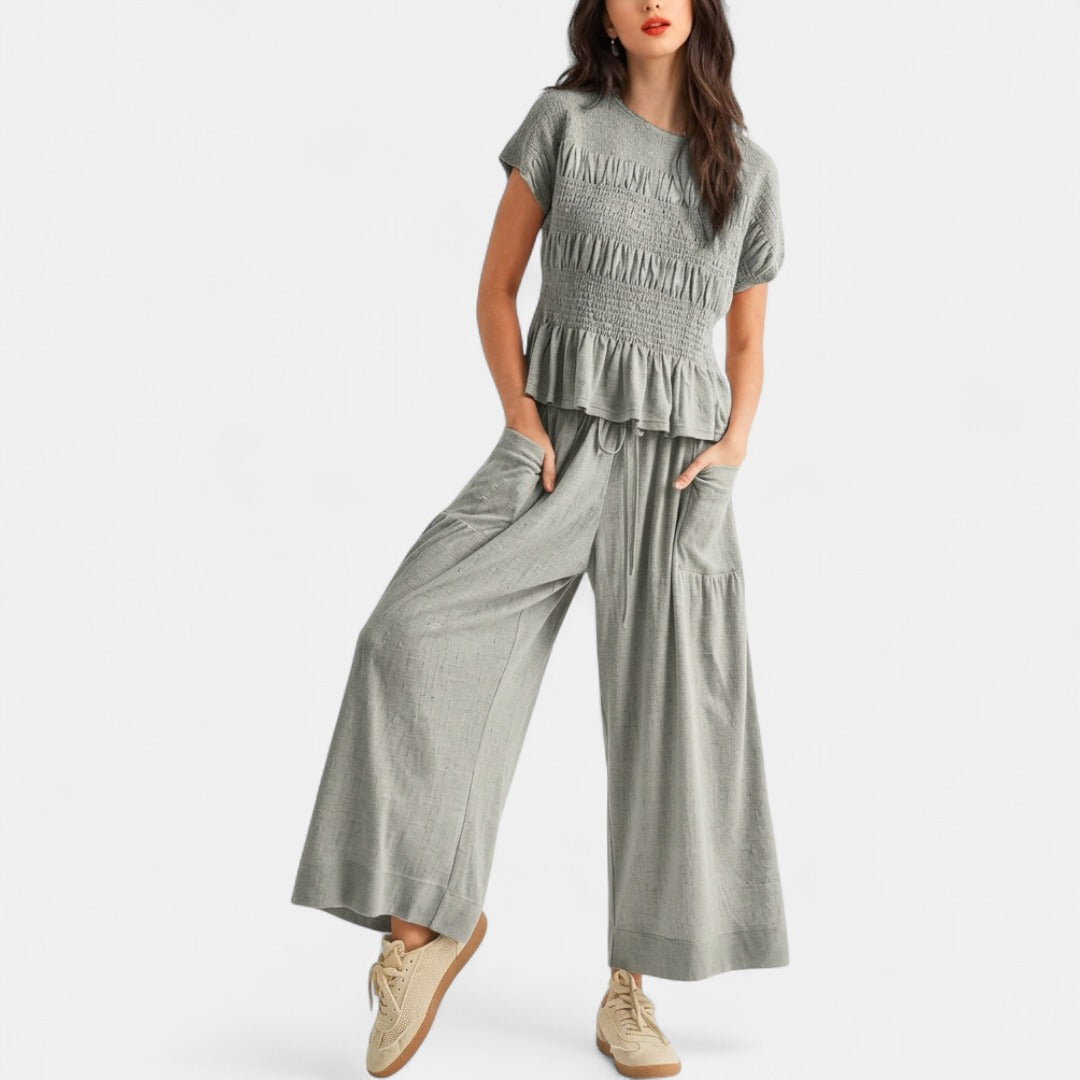 LORRY | Casual Boho Inspired 2-Piece Smocked Top and Wide Leg Pants Set
