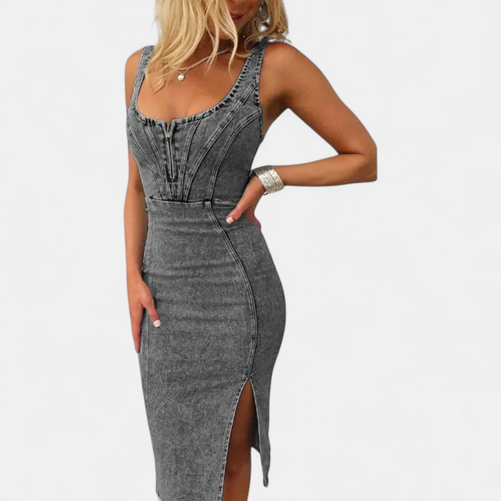 TATIANA | Slim-Fit Denim Side Slit Midi Dress