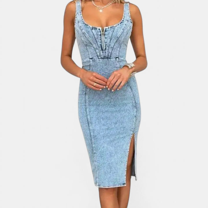 TATIANA | Slim-Fit Denim Side Slit Midi Dress