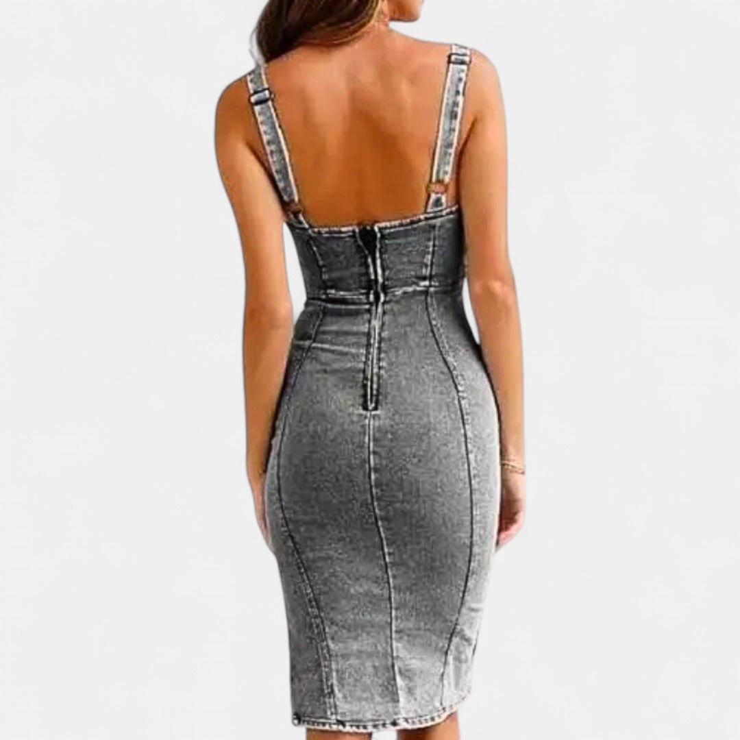 TATIANA | Slim-Fit Denim Side Slit Midi Dress