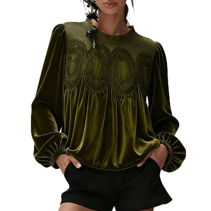 ISABELLA™ - Women Velvet Trim Lace Flared Blouse Top
