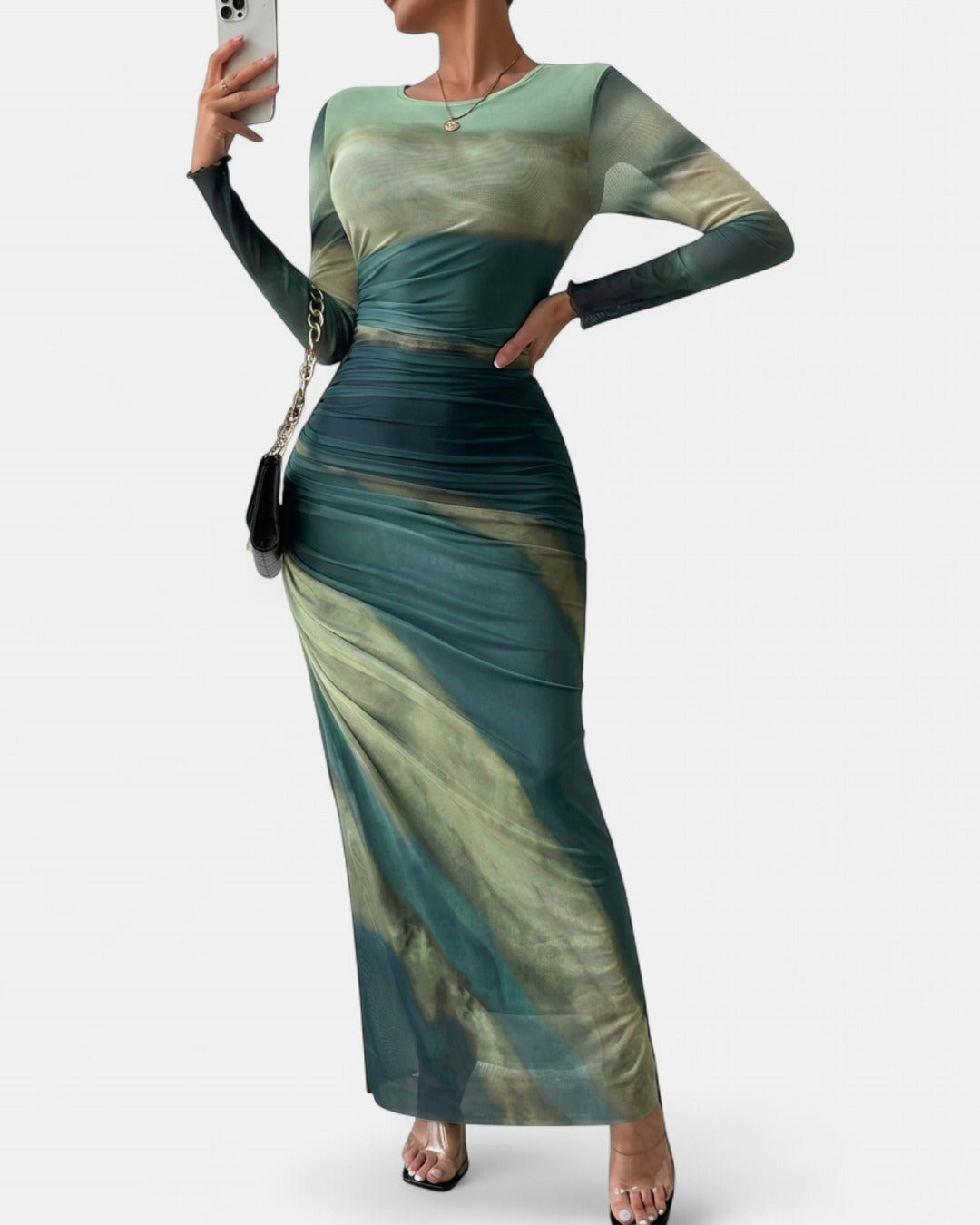 TORINA | Comfy Printed Long Sleeve Round Neck Bodycon Maxi Dress