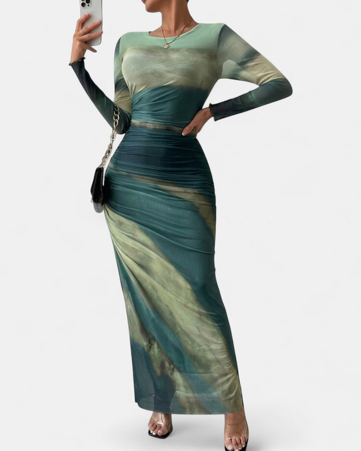 TORINA | Comfy Printed Long Sleeve Round Neck Bodycon Maxi Dress