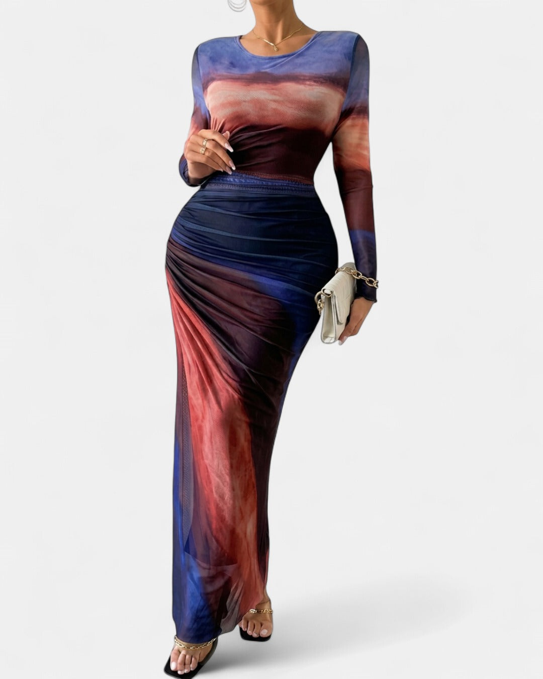 TORINA | Comfy Printed Long Sleeve Round Neck Bodycon Maxi Dress