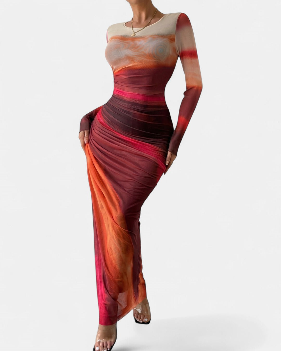 TORINA | Comfy Printed Long Sleeve Round Neck Bodycon Maxi Dress