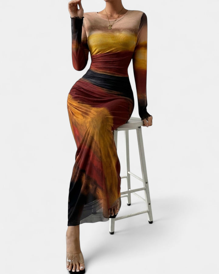 TORINA | Comfy Printed Long Sleeve Round Neck Bodycon Maxi Dress
