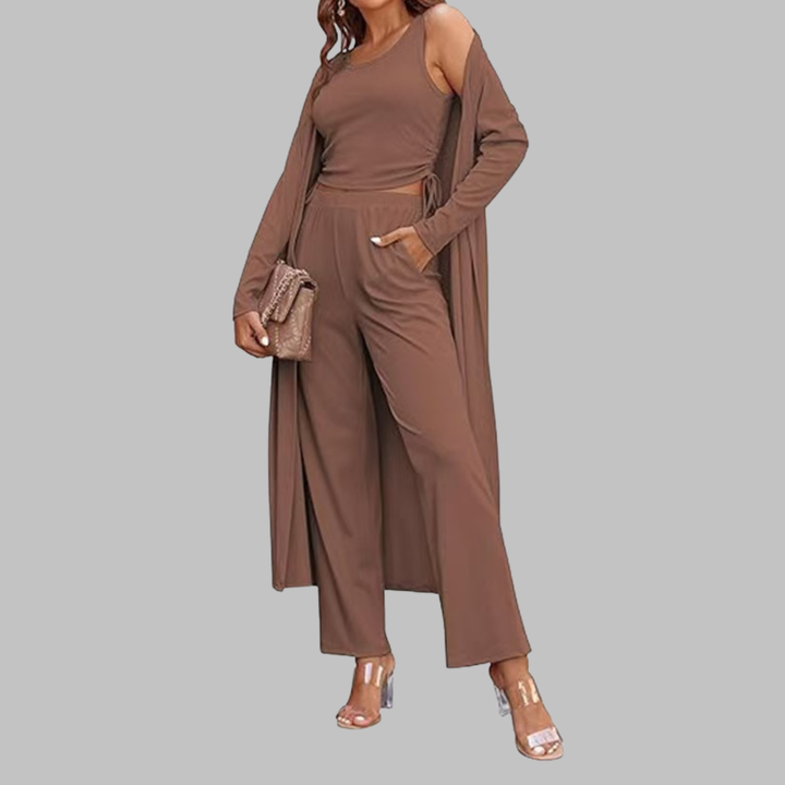 SANORA™ - Casual Lightweight Three Piece Long Cardigan Drawstring Top and Pants Sleepwear