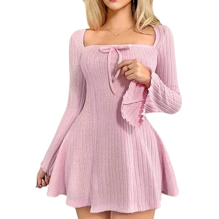 LIZA™ – Ribbed Square Neck Long Sleeve Mini Dress