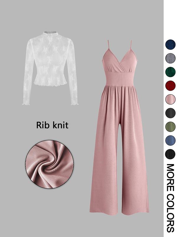 SHAE™ - Women's Solid Color Lace Tee & Pocket Jumpsuit Set