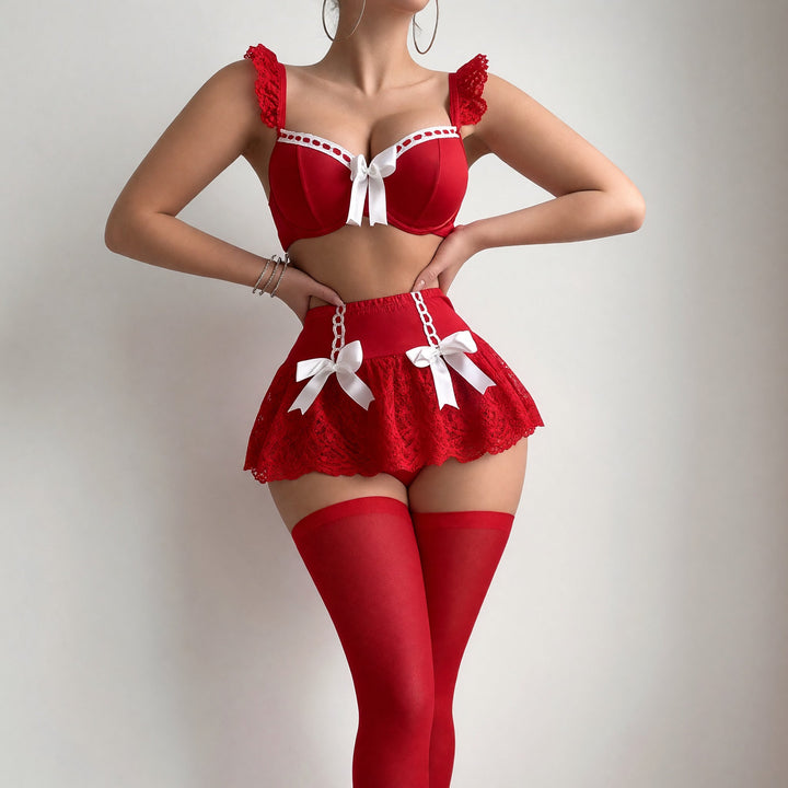 Women's Sexiest Lace Lingerie Set, Bow Detail Ruffle Straps