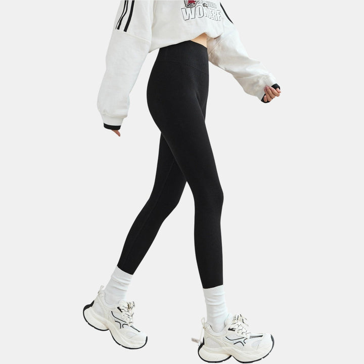 Women's Fleece Lined Leggings, High Waist Ribbed Knit Cuffed Ankle
