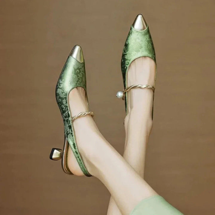 Eliza-Gold-Tip-Slingback-Kitten-Heels-Front-Green