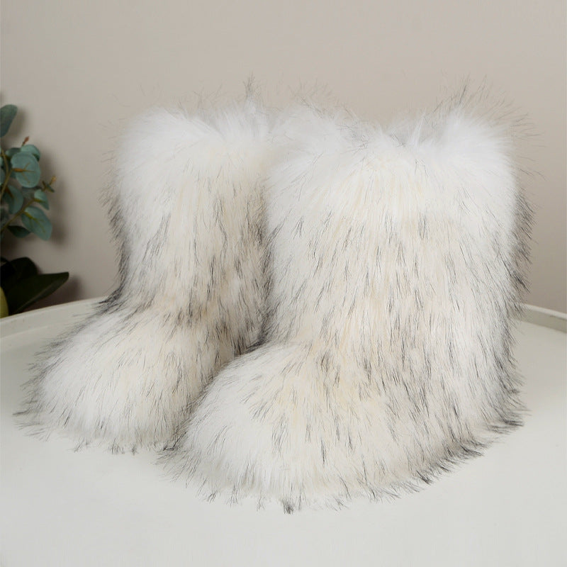 Women's Snow Boots, Faux Fur Mid Calf Pull On Shaggy Texture